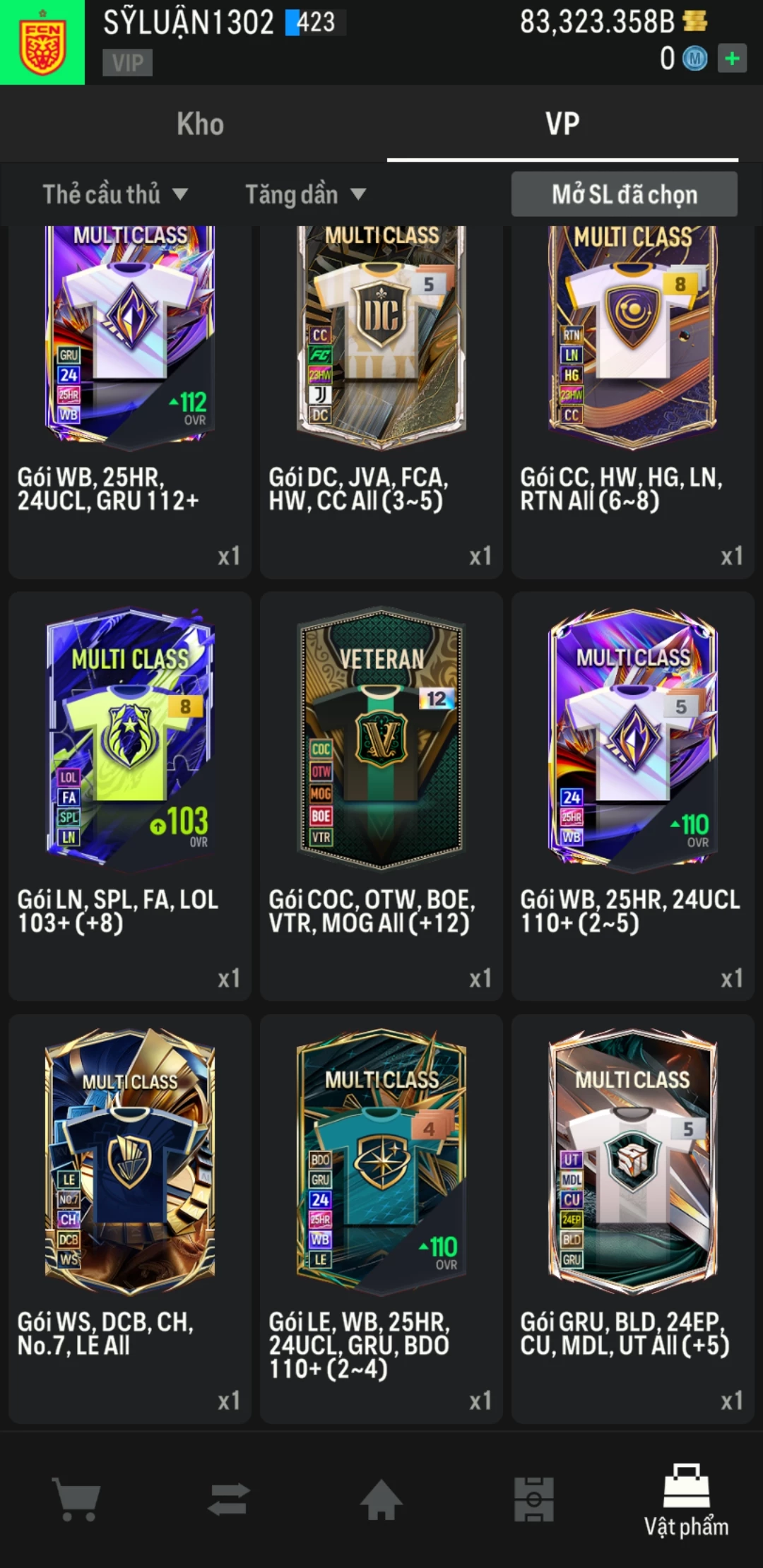 Ảnh ACC mở thẻ (LOẠI SVIP PROMAX) bao gồm có 01 thẻ +12, 03 thẻ PRIME (QH+, CP+, XS+) và hơn 1600+ đến 3500+ thẻ cầu thủ từ Siêu sao đến Miền núi các loại. Acc có sẵn BP trắng từ 55.000 tỷ BP đến 90.000 tỷ BP